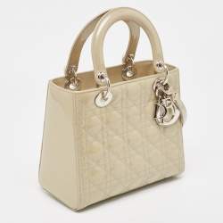 Pre Owned Dior Beige Cannage Patent Leather Medium Lady Dior Tote
