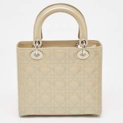Pre Owned Dior Beige Cannage Patent Leather Medium Lady Dior Tote