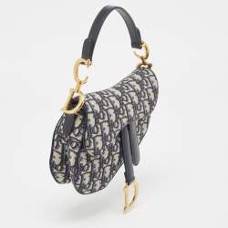 Pre Owned Dior Navy Blue Oblique Canvas and Leather Mini Saddle Bag
