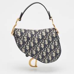 Pre Owned Dior Navy Blue Oblique Canvas and Leather Mini Saddle Bag