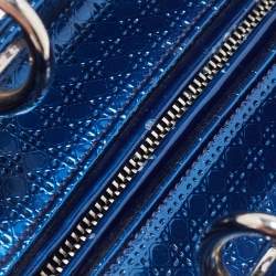 Pre Owned Dior Metallic Blue Microcannage Patent Leather Medium Lady Dior Tote