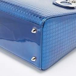 Pre Owned Dior Metallic Blue Microcannage Patent Leather Medium Lady Dior Tote