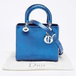 Pre Owned Dior Metallic Blue Microcannage Patent Leather Medium Lady Dior Tote