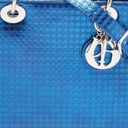 Pre Owned Dior Metallic Blue Microcannage Patent Leather Medium Lady Dior Tote