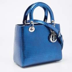 Pre Owned Dior Metallic Blue Microcannage Patent Leather Medium Lady Dior Tote