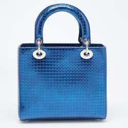 Pre Owned Dior Metallic Blue Microcannage Patent Leather Medium Lady Dior Tote