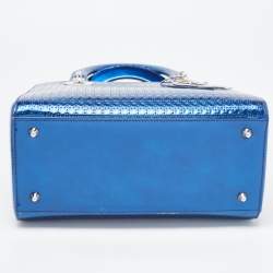 Pre Owned Dior Metallic Blue Microcannage Patent Leather Medium Lady Dior Tote