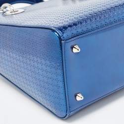 Pre Owned Dior Metallic Blue Microcannage Patent Leather Medium Lady Dior Tote