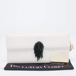 Pre Owned Dior White Snakeskin Leather Beaded Tassel Clutch