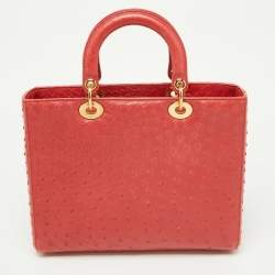 Pre Owned Dior Red Ostrich Large Lady Dior Tote