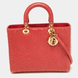 Pre Owned Dior Red Ostrich Large Lady Dior Tote