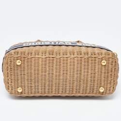 Pre Owned Dior Navy Blue/Brown Oblique Canvas and Rattan Wicker Basket Bag