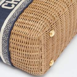 Pre Owned Dior Navy Blue/Brown Oblique Canvas and Rattan Wicker Basket Bag