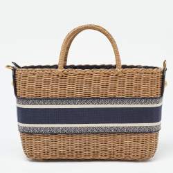 Pre Owned Dior Navy Blue/Brown Oblique Canvas and Rattan Wicker Basket Bag