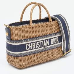 Pre Owned Dior Navy Blue/Brown Oblique Canvas and Rattan Wicker Basket Bag
