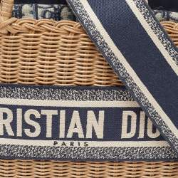 Pre Owned Dior Navy Blue/Brown Oblique Canvas and Rattan Wicker Basket Bag