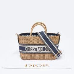 Pre Owned Dior Navy Blue/Brown Oblique Canvas and Rattan Wicker Basket Bag