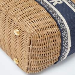 Pre Owned Dior Navy Blue/Brown Oblique Canvas and Rattan Wicker Basket Bag