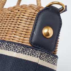 Pre Owned Dior Navy Blue/Brown Oblique Canvas and Rattan Wicker Basket Bag