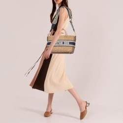 Pre Owned Dior Navy Blue/Brown Oblique Canvas and Rattan Wicker Basket Bag