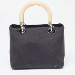Pre Owned Dior Black Canvas Medium Lady Dior Tortoise Handle Tote