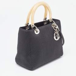 Pre Owned Dior Black Canvas Medium Lady Dior Tortoise Handle Tote