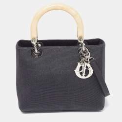 Pre Owned Dior Black Canvas Medium Lady Dior Tortoise Handle Tote