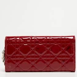 Pre Owned Dior Red Cannage Patent Leather Lady Dior Flap Wallet 