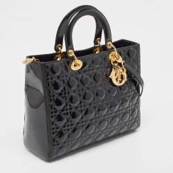 Pre Owned Dior Black Cannage Patent Leather Large Lady Dior Tote
