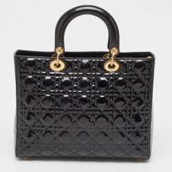 Pre Owned Dior Black Cannage Patent Leather Large Lady Dior Tote