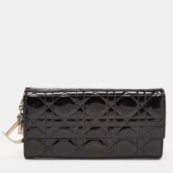 Pre Owned Dior Black Cannage Patent Leather Lady Dior Continental Wallet