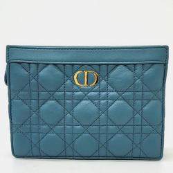 Christian Dior Cloud Blue Calfskin Cannage Caro Zipped Pouch With Chain 