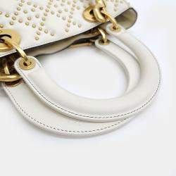 Christian Dior Ivory Leather Studded Cannage Medium Lady Dioe Top Handle Bag