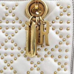 Christian Dior Ivory Leather Studded Cannage Medium Lady Dioe Top Handle Bag