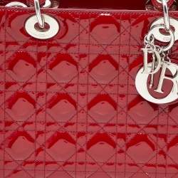 Pre Owned Dior Red Cannage Patent Leather Medium Lady Dior Tote