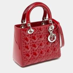 Pre Owned Dior Red Cannage Patent Leather Medium Lady Dior Tote