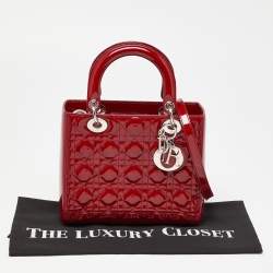 Pre Owned Dior Red Cannage Patent Leather Medium Lady Dior Tote