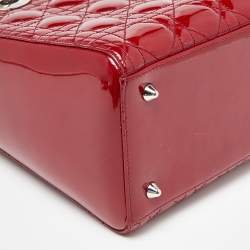 Pre Owned Dior Red Cannage Patent Leather Medium Lady Dior Tote