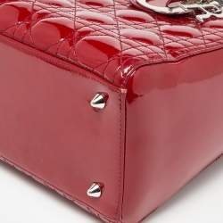 Pre Owned Dior Red Cannage Patent Leather Medium Lady Dior Tote