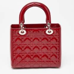 Pre Owned Dior Red Cannage Patent Leather Medium Lady Dior Tote
