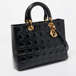 Pre Owned Dior Black Cannage Patent Leather Large Lady Dior Tote