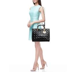Pre Owned Dior Black Cannage Patent Leather Large Lady Dior Tote