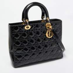 Pre Owned Dior Black Cannage Patent Leather Large Lady Dior Tote