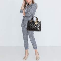 Pre Owned Dior Black Cannage Patent Leather Large Lady Dior Tote