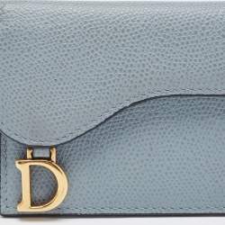 Pre Owned Dior Light Blue Leather Saddle Flap Card Case