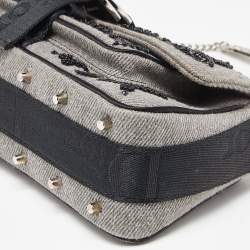 Pre Owned Dior Grey Canvas Hardcore Sequin/Bead Embellished Baguette Bag