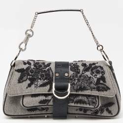 Pre Owned Dior Grey Canvas Hardcore Sequin/Bead Embellished Baguette Bag