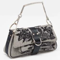 Pre Owned Dior Grey Canvas Hardcore Sequin/Bead Embellished Baguette Bag