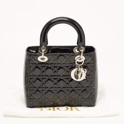 Pre Owned Dior Black Cannage Patent Leather Medium Lady Dior Tote