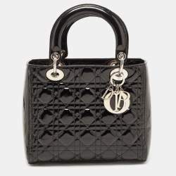 Pre Owned Dior Black Cannage Patent Leather Medium Lady Dior Tote
